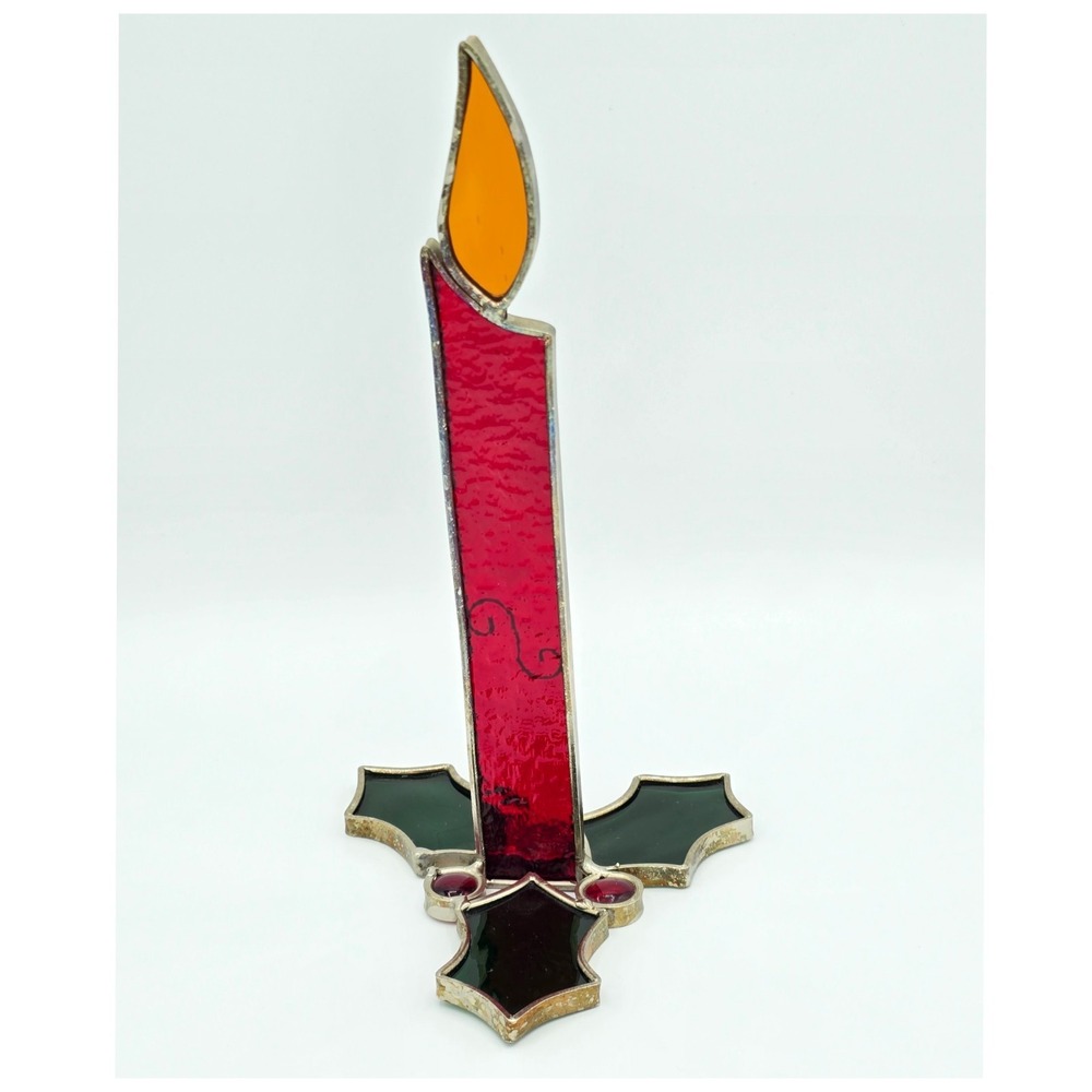 Vintage‎ Stained Glass Christmas Holly & Candle Standing Centerpiece